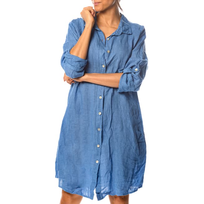 100% Linen Blue Eglantine Linen Shirt Dress
