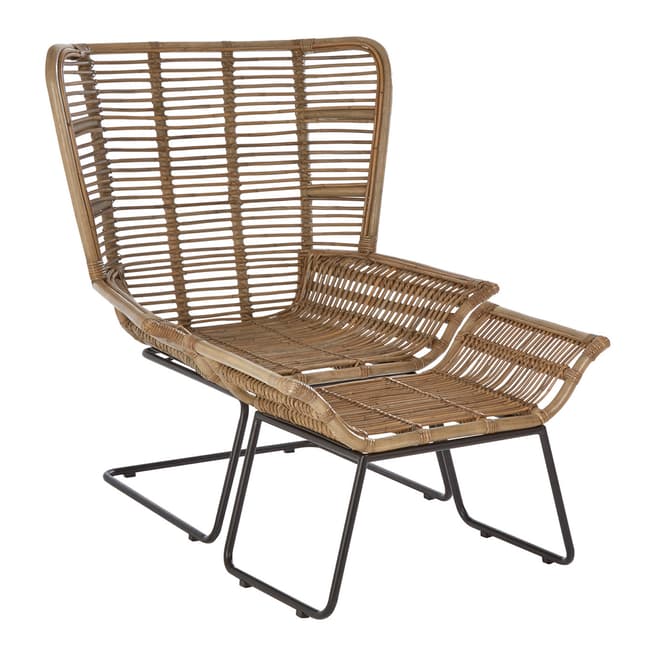 Premier Housewares Manado Lounge Chair & Footstool, Natural Grey Rattan, Black Iron