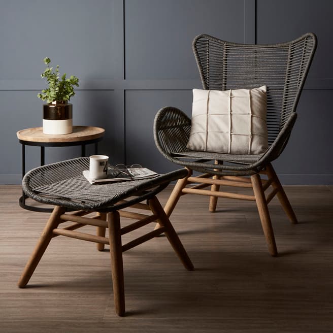 Premier Housewares Sisal Grey Lounge Chair, With Footstool, Steel, Wood