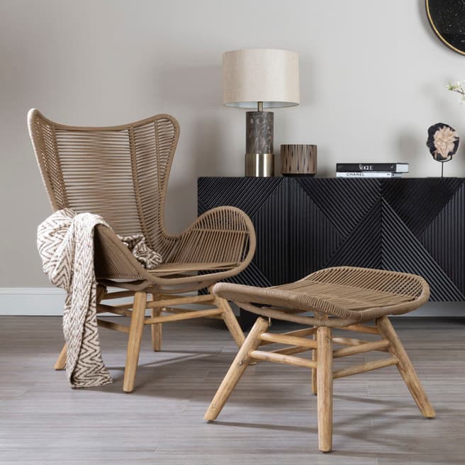 Premier Housewares Sisal Latte Lounge Chair, With Footstool, Steel, Wood