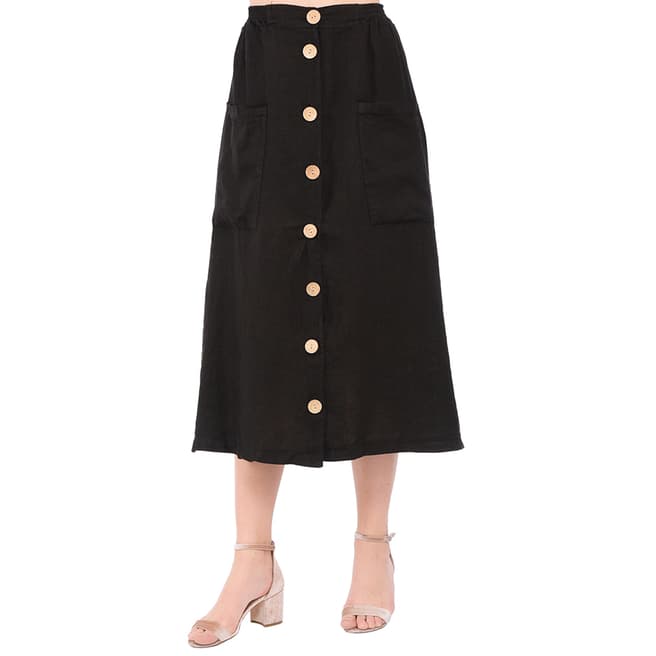 Le Jardin Du Lin Black Button Midi Linen Skirt