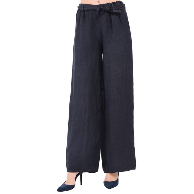 Le Jardin Du Lin Navy Fluid Straight Belt Linen Trousers