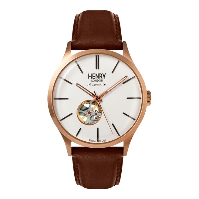Henry London Brown Rose Gold Heritage Automatic Leather Watch