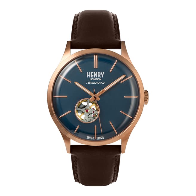 Henry London Brown Rose Gold Heritage Automatic Leather Watch