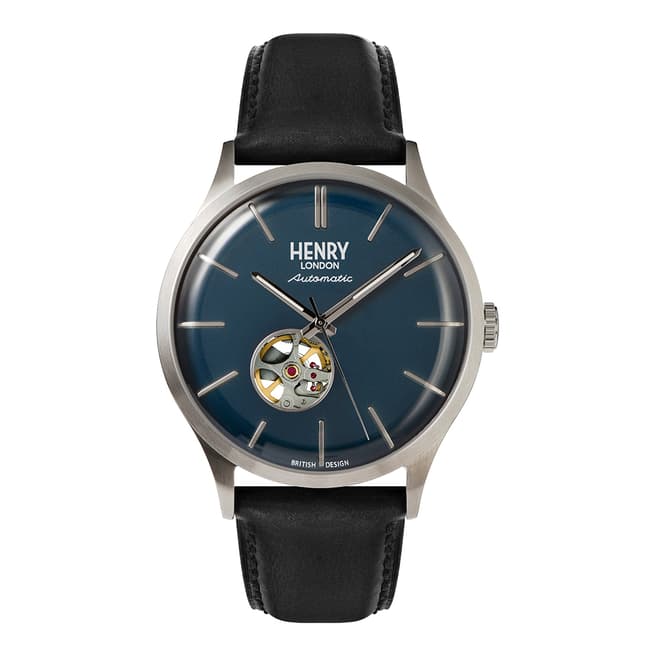 Henry London Black Silver Heritage Automatic Leather Watch