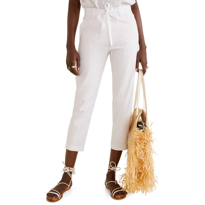 Mango White Straight Linen-Blend Trousers