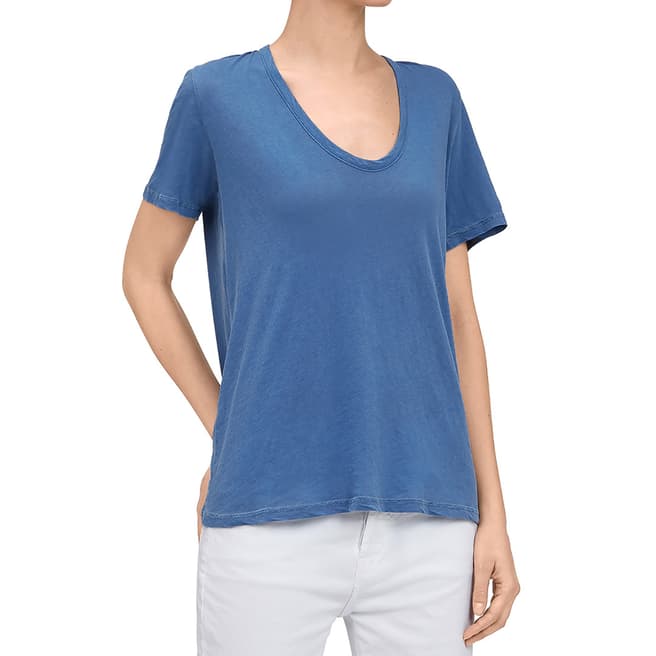 7 For All Mankind Blue Curved Neck Featherweight T-Shirt