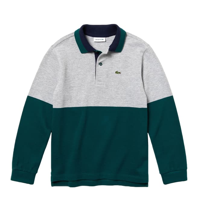 Lacoste Boy's Green/Grey Colour Blocked Long Sleeve Polo