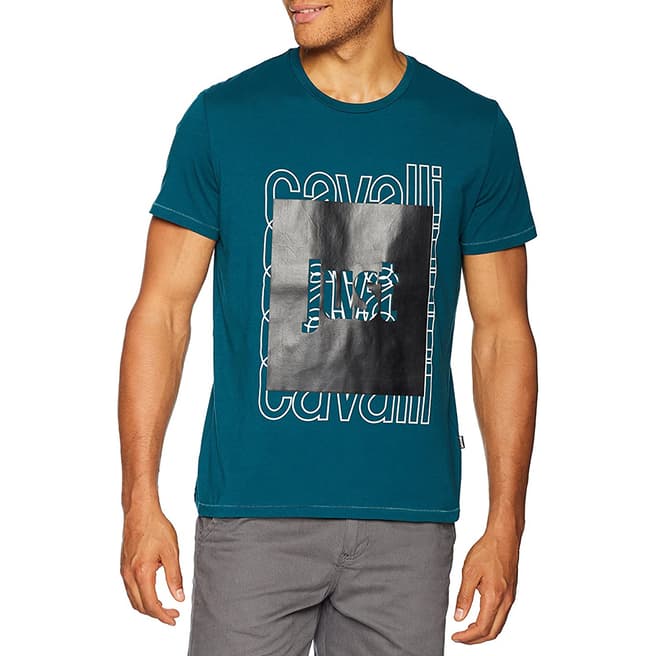 Just Cavalli Blue Square Logo Cotton T-Shirt