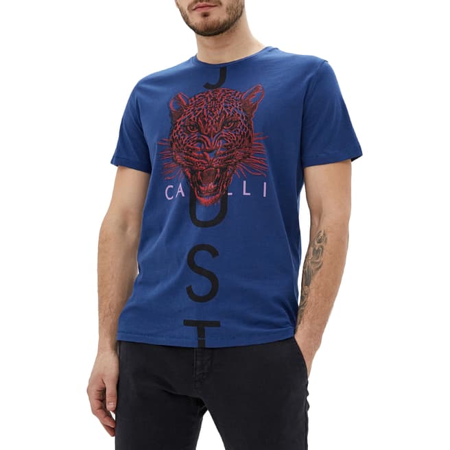 Just Cavalli Blue Tiger Logo Cotton T-Shirt