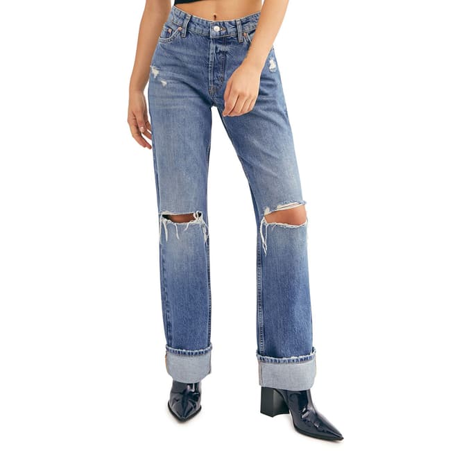 Free People Blue Wild Flower Straight Cotton Jeans
