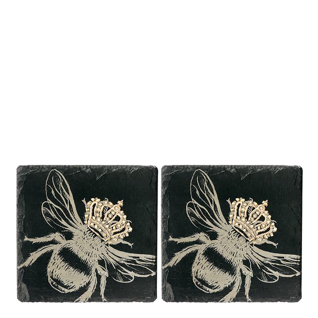 Just Slate Set of 2 Gold Leaf Slate Coasters  - Crowned Bee