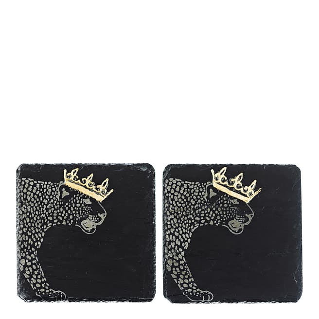 Just Slate Set of 2 Gold Leaf Slate Coasters  - Crowned Leopard