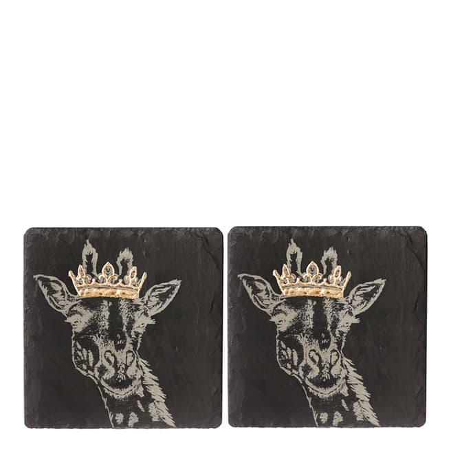 Just Slate Set of 2 Gold Leaf Slate Coasters  - Crowned Giraffe