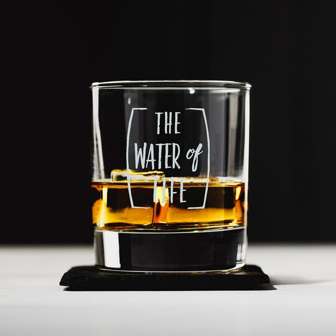 Just Slate The Water of Life Engraved Style Glass Tumbler with Slate Coaster Gift Set