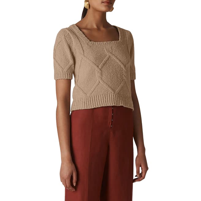 WHISTLES Neutral Puff Sleeve Cable Knit Top
