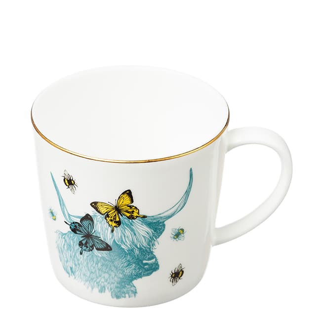 Gillian Kyle Set of 4 Highland Cow With Bees & Butterflies Gold Rim Mugs