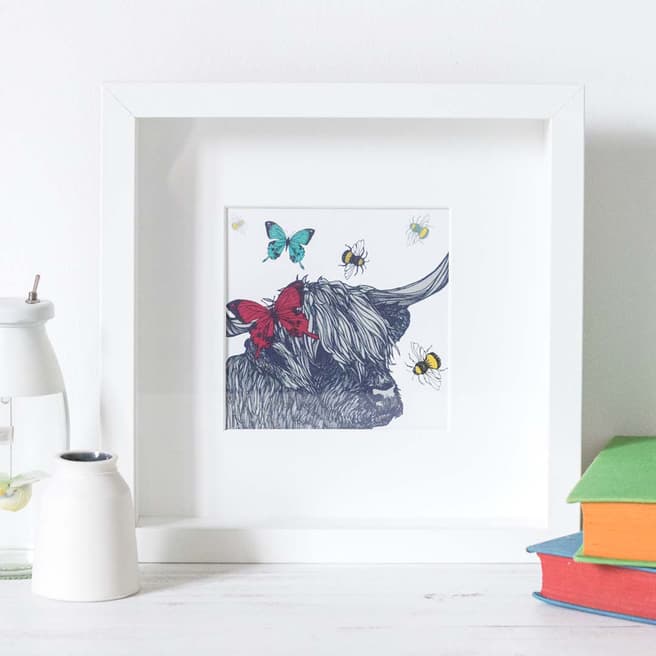 Gillian Kyle Square Mounted Cow With Bees & Butterflies Print