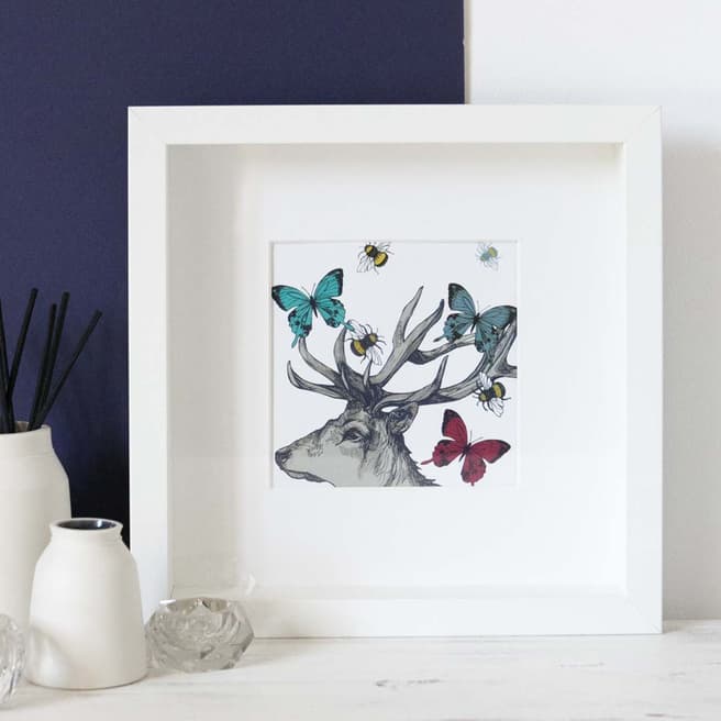 Gillian Kyle Square Mounted Stag With Bees & Butterflies Print
