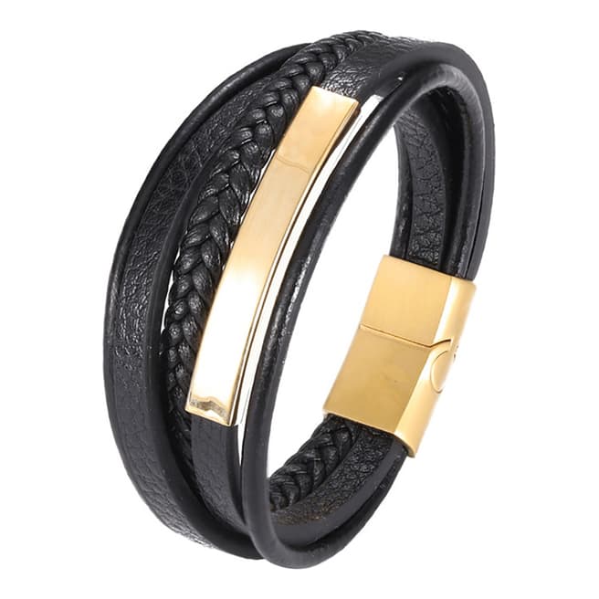 Stephen Oliver 18K Gold Plated Black Leather Id Bracelet