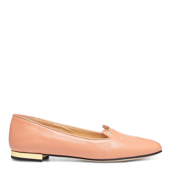Charlotte Olympia Pale Pink Leather Kitty Flat Pumps