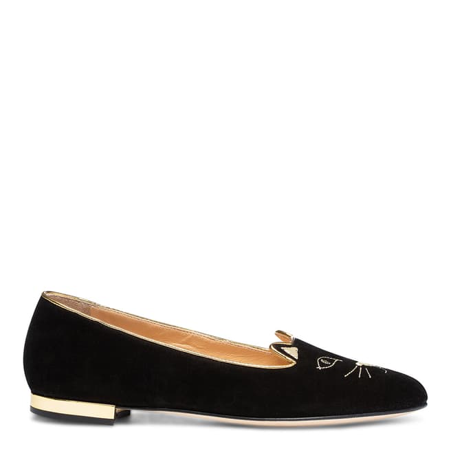Charlotte Olympia Black Suede Kitty Flat Pumps
