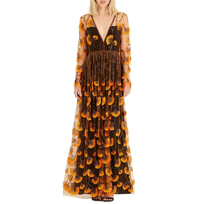 Amanda Wakeley Yellow Embroidered Feather Maxi Dress