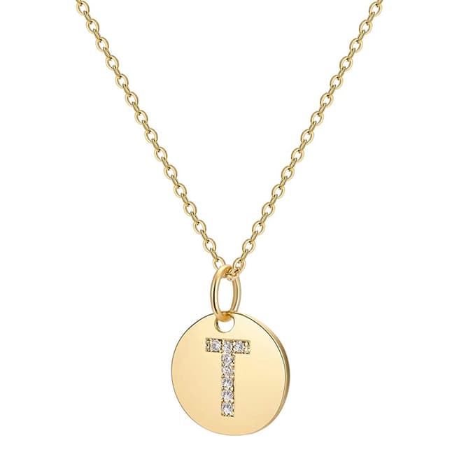 Liv Oliver 18K Gold Plated "T" Initial CZ Disc Charm Necklace