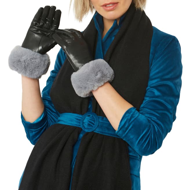 JayLey Collection Black Leather Gloves with Faux Fur Trim