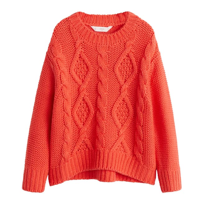 Mango Girl's Coral Red Cable-Knit Sweater