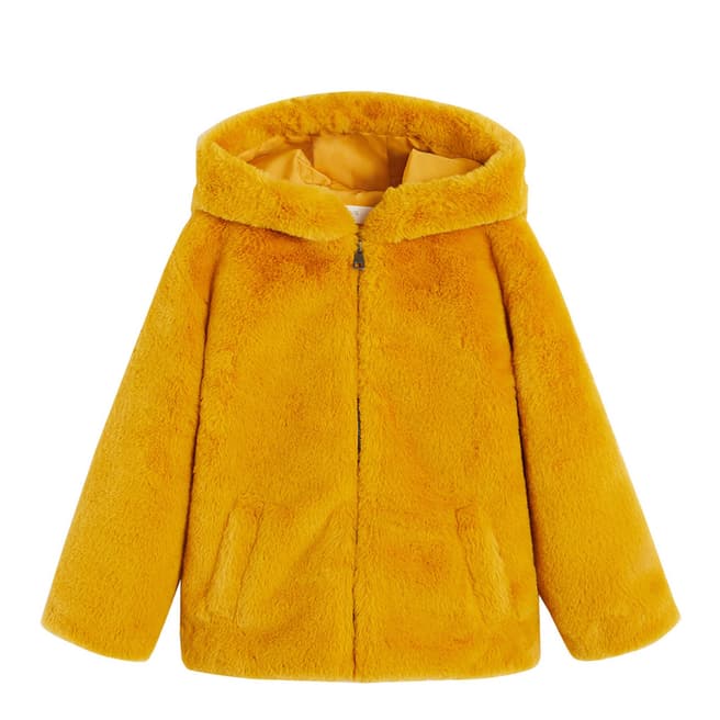 Mango Girl's Mustard Hooded Faux Fur Jacket