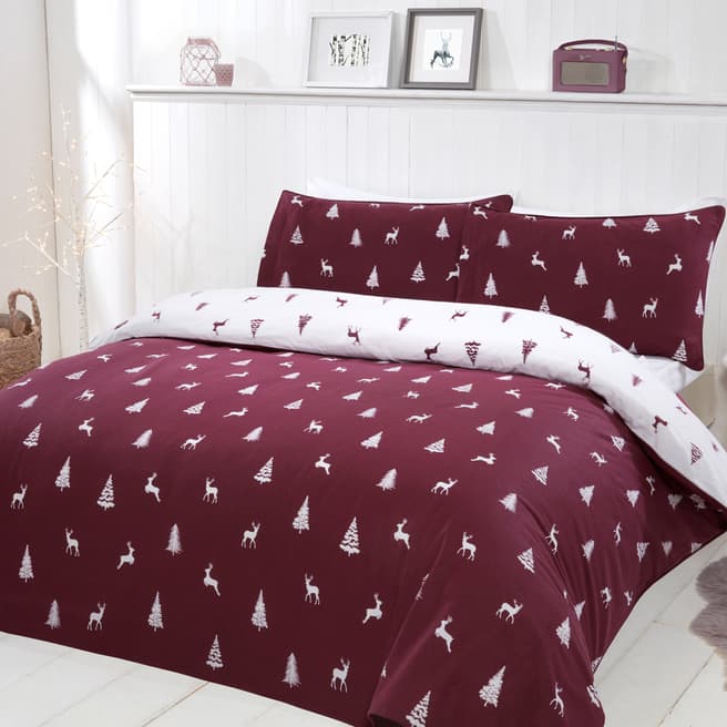 Sleepdown Ditsy Stag & Trees Double Duvet Cover Set, Red
