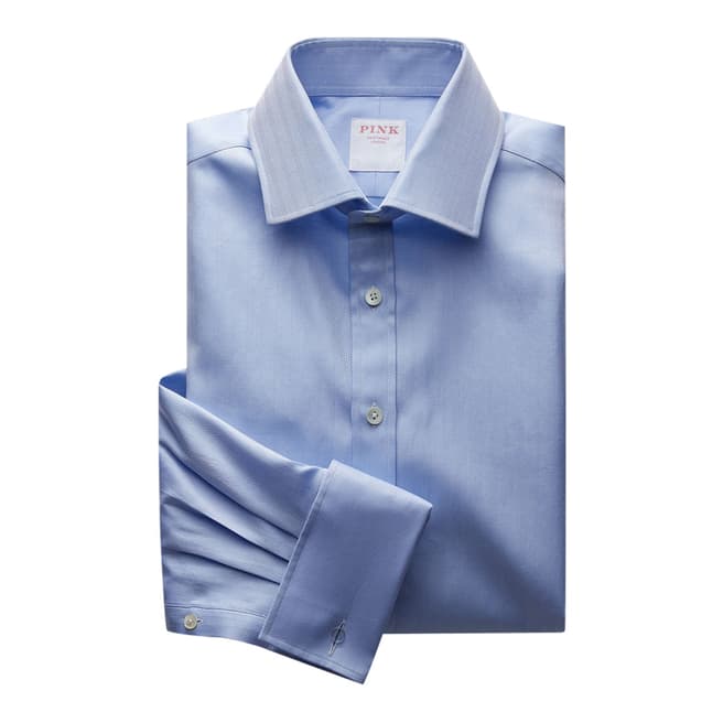 Thomas Pink Blue Herringbone Classic Double Cuff Shirt