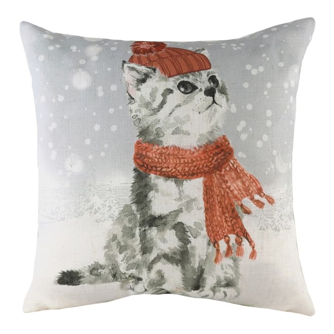 Evans Lichfield Snowy Cat with Scarf Filled Cushion, 43x43cm