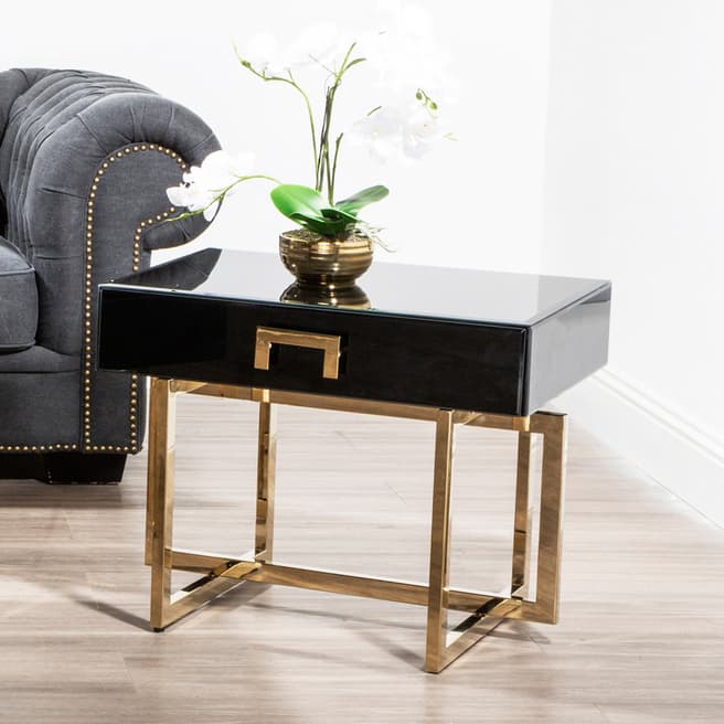 Fifty Five South Ragusa Side Table, Black Mirrored Top, Gold Finish Stainless Steel