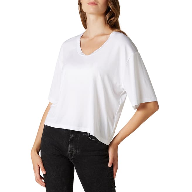 7 For All Mankind White Embellished Scoop Neck Top