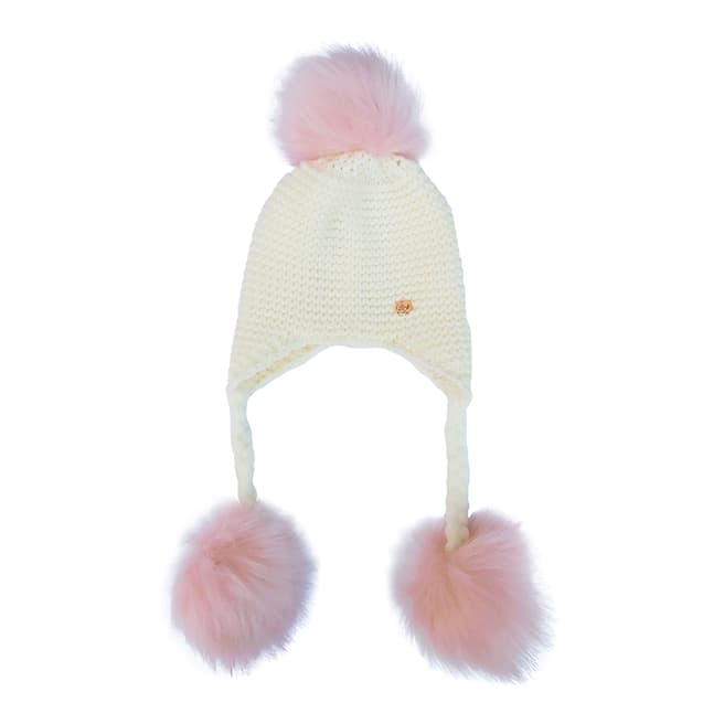 Look Like Cool White Triple Pom Pom Hat with Pink Poms