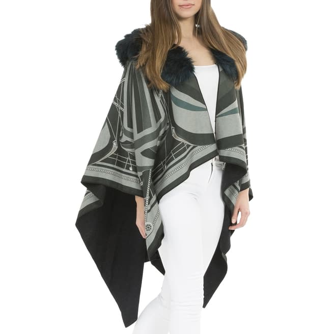 JayLey Collection Black/Grey Cashmere Wrap with Faux Fur Collar