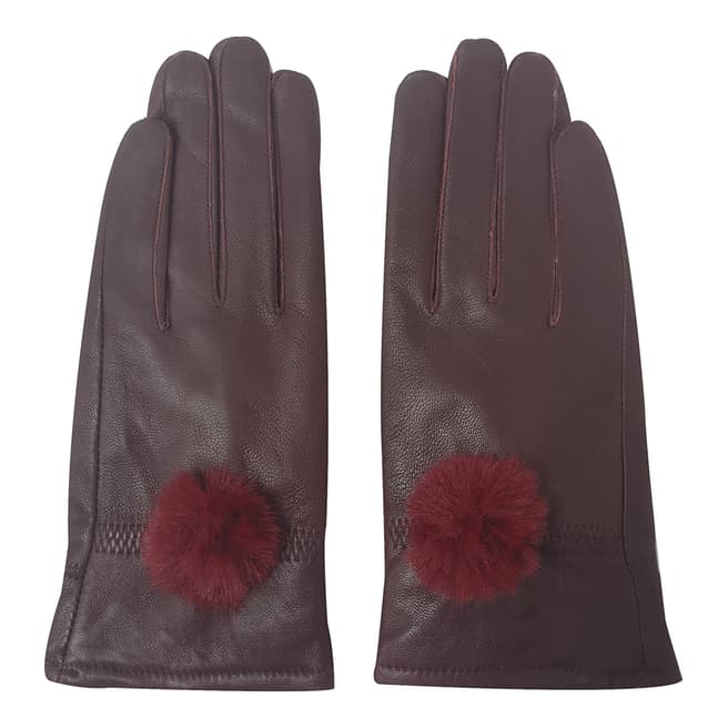 JayLey Collection Burgundy Leather Gloves With Faux Fur Pom