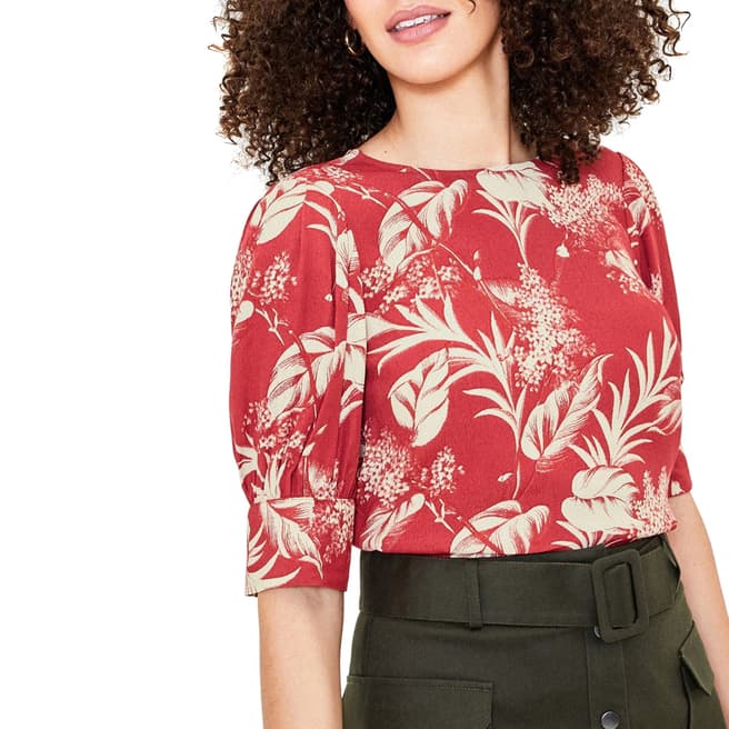 Oasis Red Bi-Colour Palm Balloon Sleeve Top