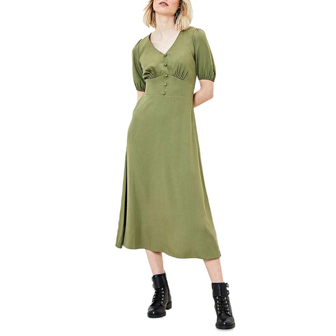 Oasis Khaki Puff Sleeve Midi Dress