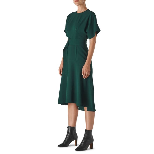 WHISTLES Green Textured Belted Midi Dress