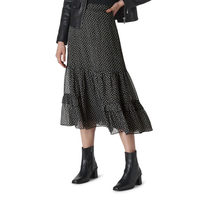 WHISTLES Black/Multi Almond Blossom Midi Skirt
