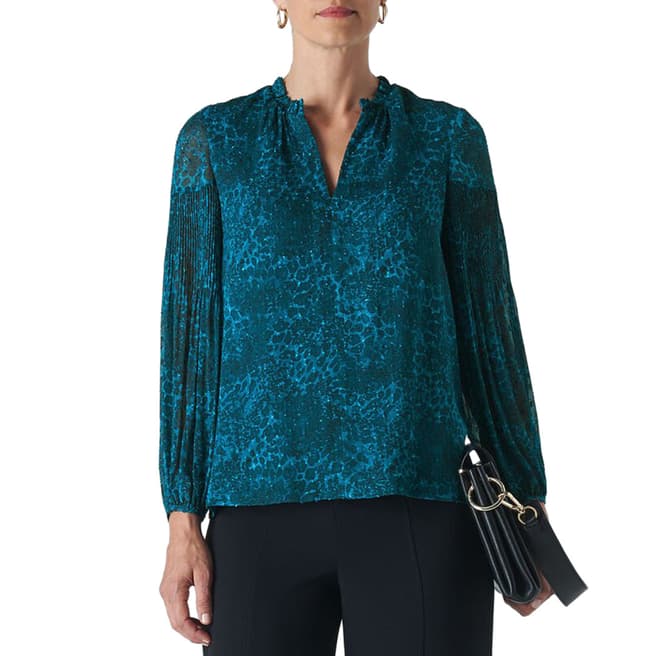 WHISTLES Teal Big Cat Dobby Blouse