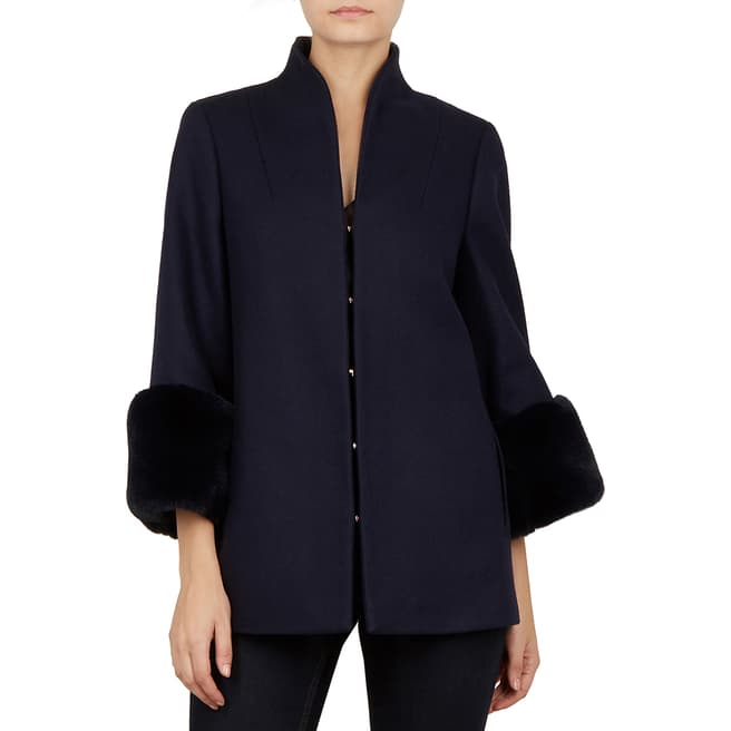 Ted Baker Navy Wool Rilly Faux Fur Cuff Coat