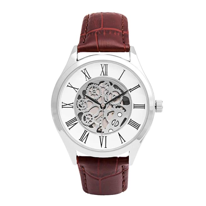 Stephen Oliver Silver Plated Skeleton Brown Leather Watch
