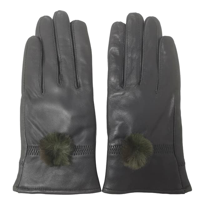 JayLey Collection Green Leather Gloves With Faux Fur Pom