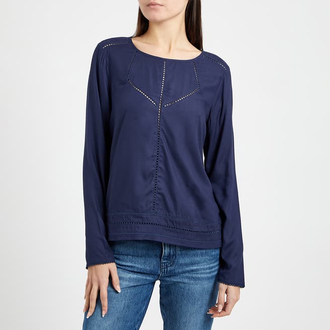 Crew Clothing Navy Lace Insert Cotton Blouse