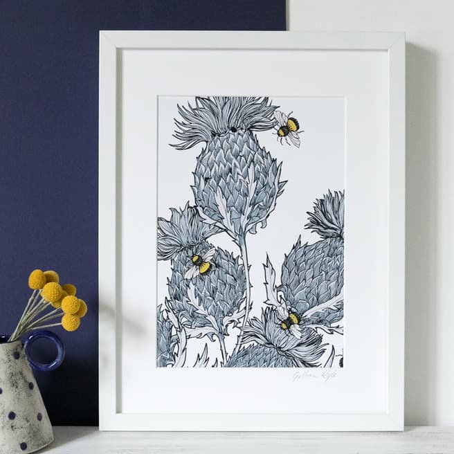 Gillian Kyle Mounted White Trio Thistle with Bees Print, A4