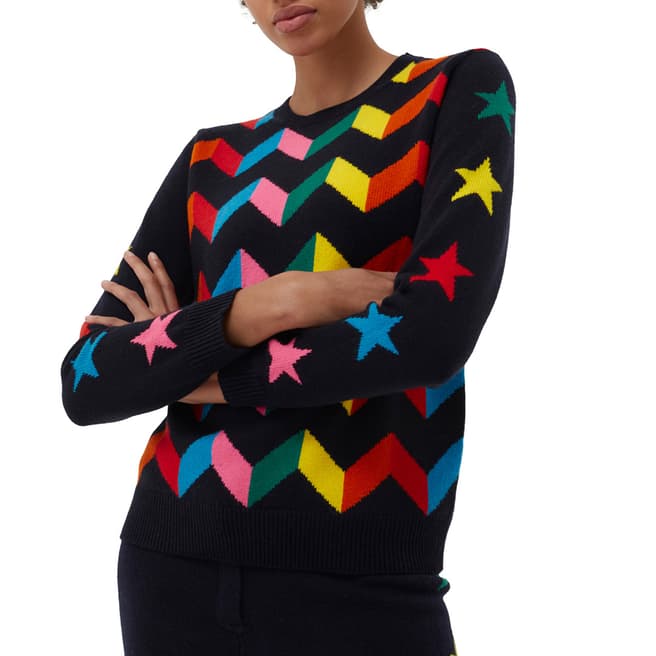 Chinti and Parker Navy/ Multi Chevron Wool/Cashmere Jumper